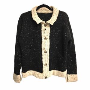WOOL Ireland Donegal Chunky Knit Button Front Cardigan Sweater Black L